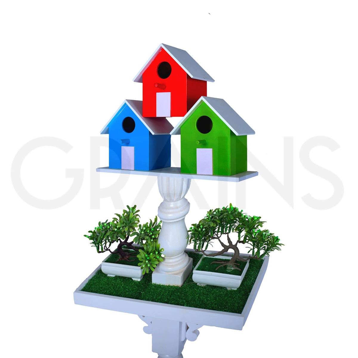 Long Three Birdhouses with White Stand & Planter Shelve